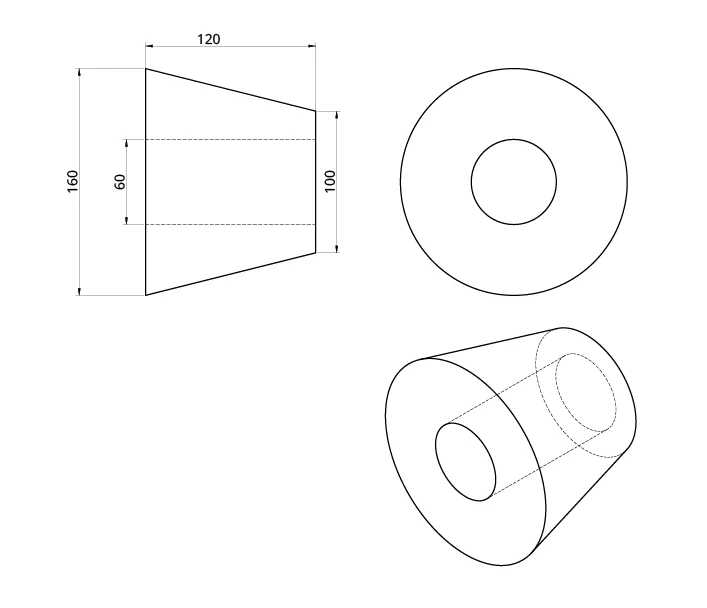 Schnittansichten, die kombiniert werden müssen, um die 3D-Tiefe eines Rotationsteils abzuleiten