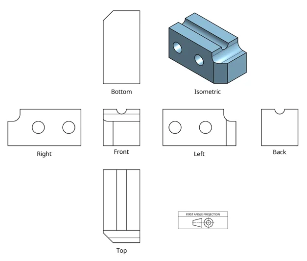 Diagram illustrating first-angle projection with views mirrored across the part