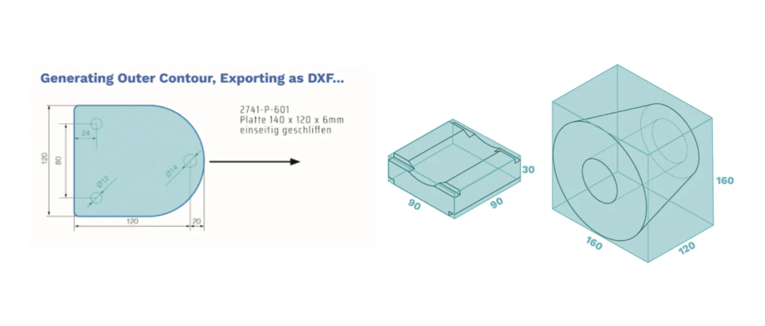 Werk24 Visualisierung berechnet length, width, und height envelopes von eine technische Zeichnung