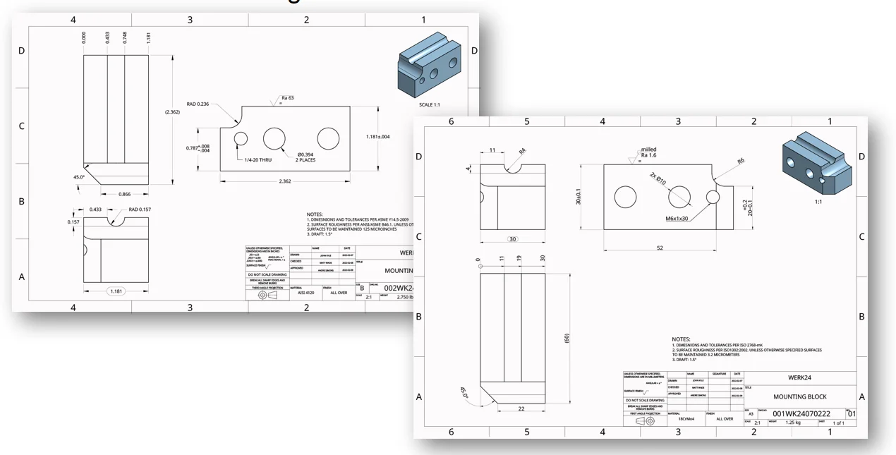 Comparison of ISO and ANSI drawing standards presented on the Werk24 dashboard