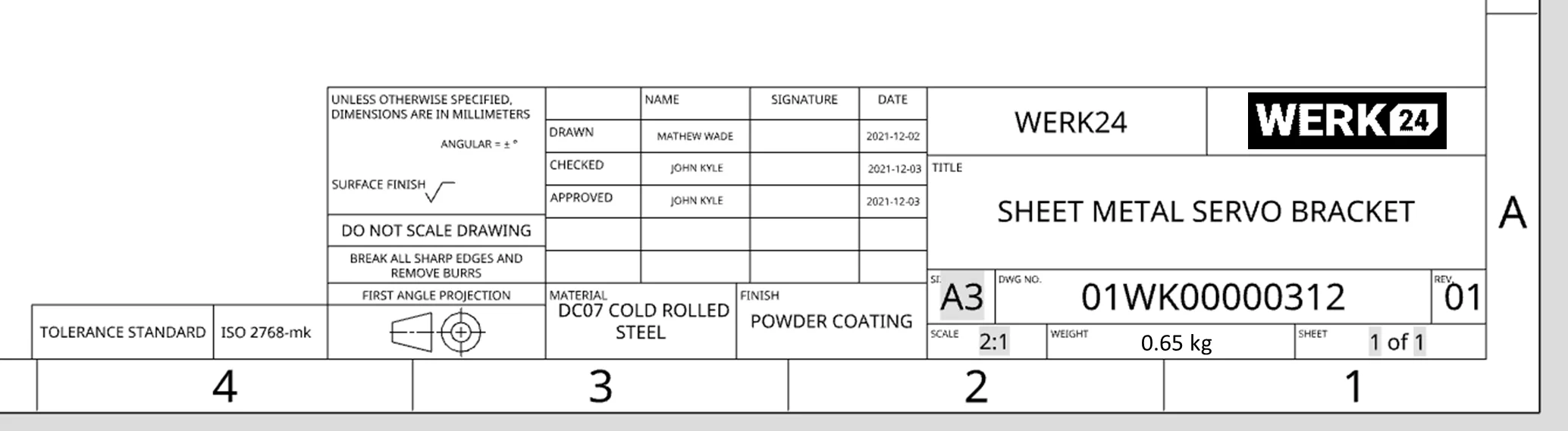 Annotated title block showing key metadata fields like drawing number, revision, and scale