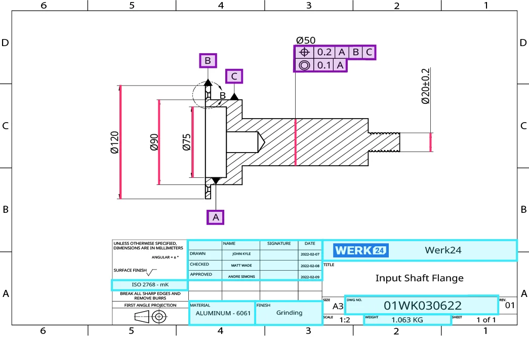 Werk24 KI-Dashboard extrahiert Schriftfeld-, GD&T- und Messdaten aus einer technischen Zeichnung