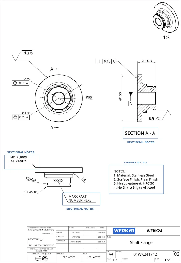 Werk24 hervorhebt canvas notes und sectional notes auf eine technische Zeichnung sheet