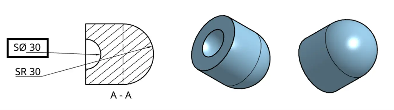 Spherical diameter dimension using the SØ prefix on a technical drawing of a spherical surface